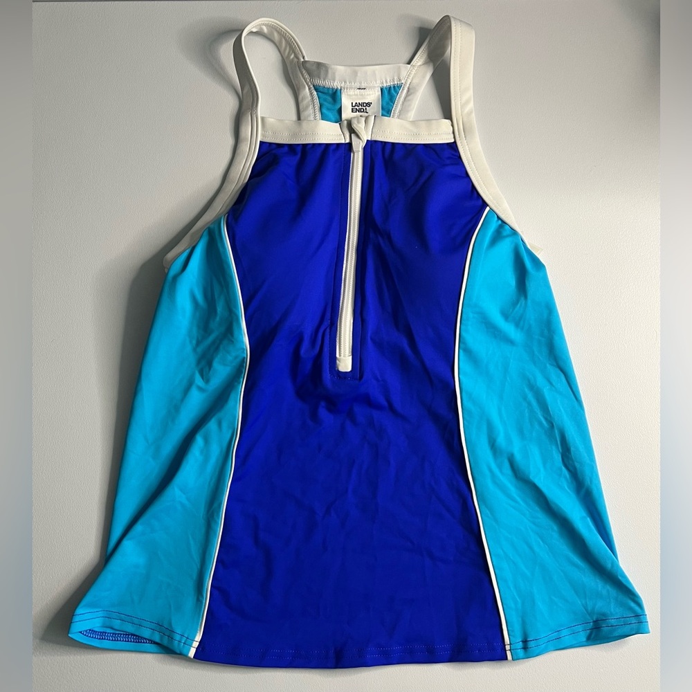 Lands' End Blue and White Sleeveless Swim Top with Zipper